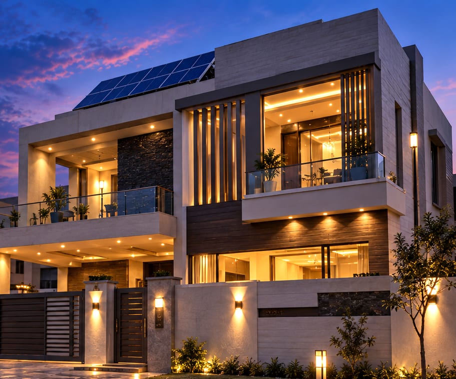 Modern Pakistani home at dusk, solar panels on the roof and warm smart lighting throughout