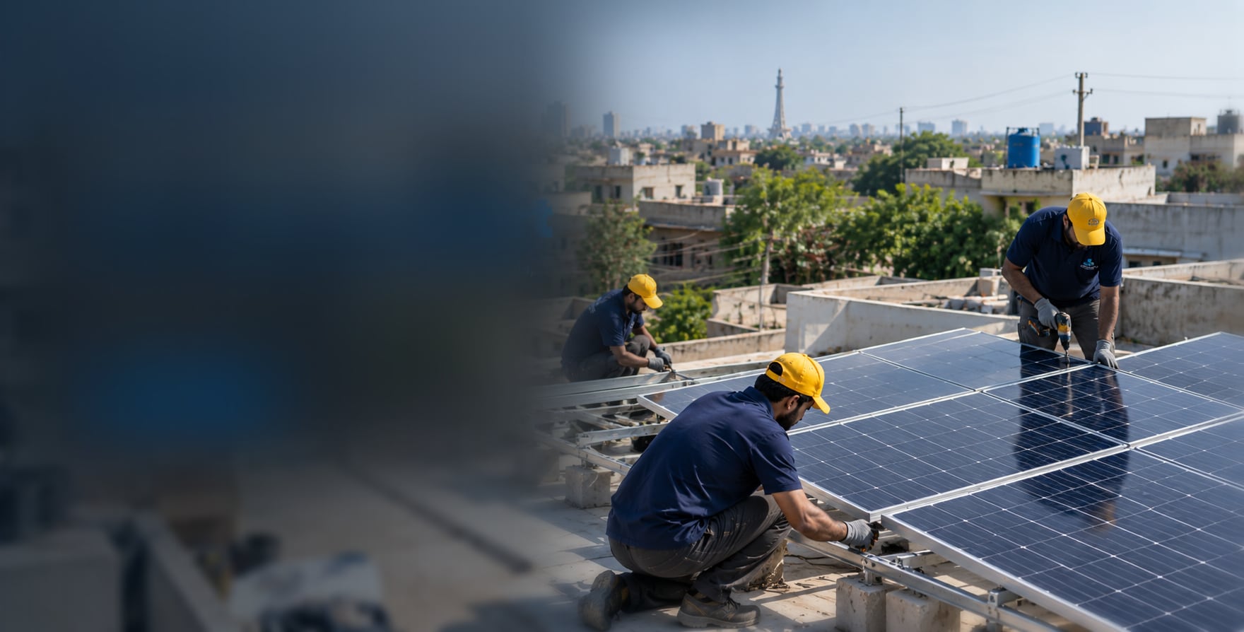 Pakistani technicians in navy uniforms and yellow caps installing solar panels on a Lahore rooftop