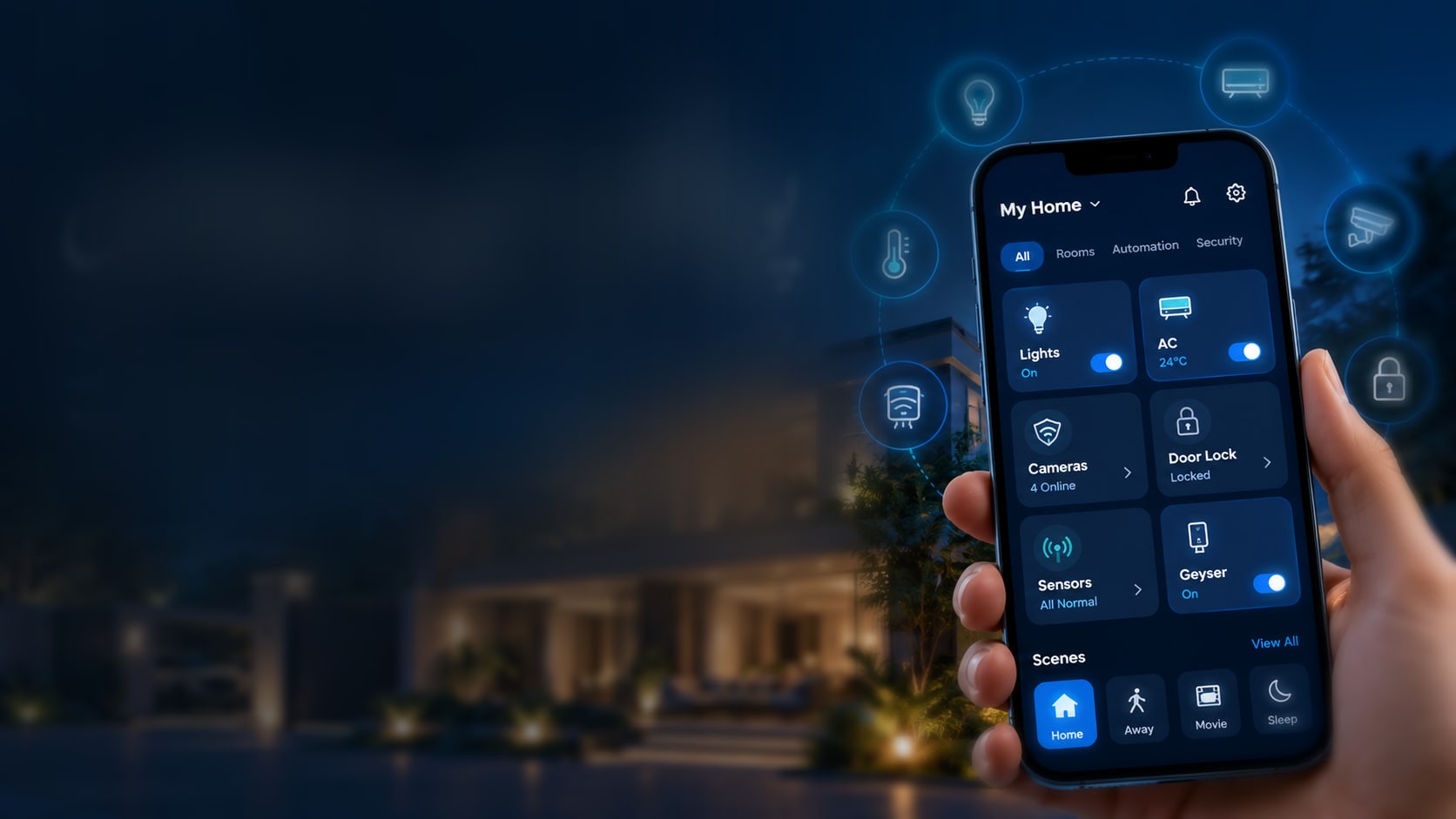Smart home app on a phone controlling lights, AC, cameras, door lock, sensors and geyser